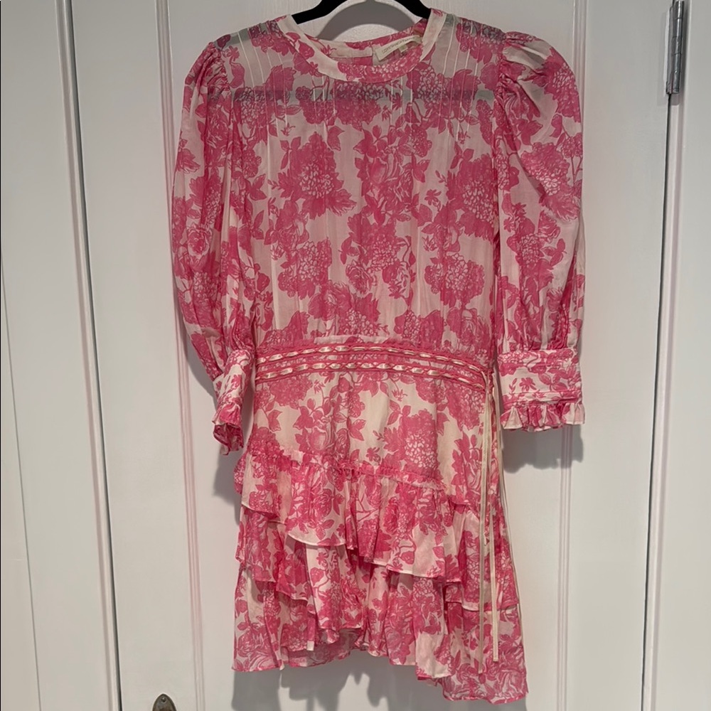 LoveShackFancy Pink and White Ruffled Tiered Mini Dress